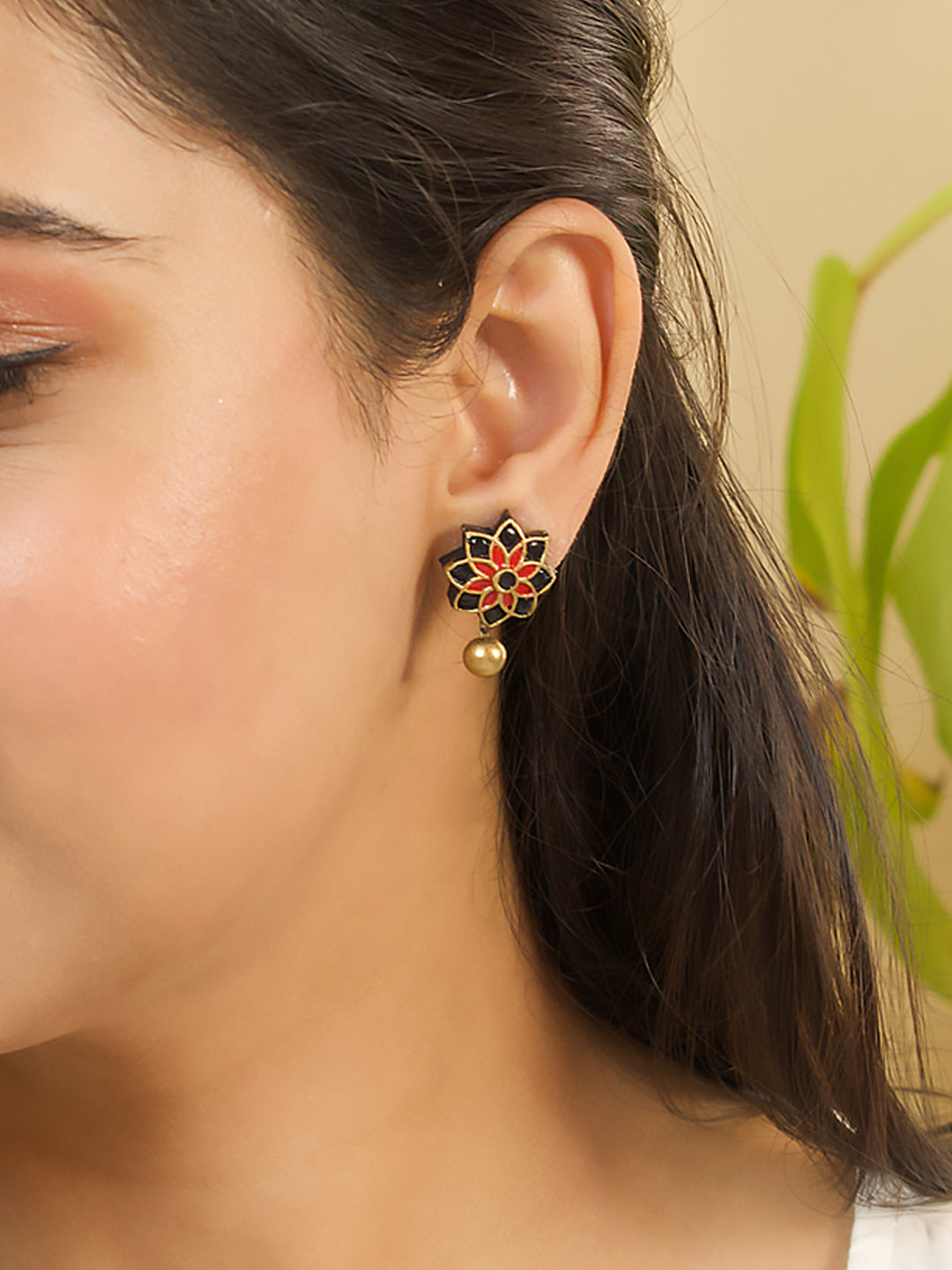 Rudrani — Black Red Antique Gold Floral Mandala Work Handmade Terracotta Stud Earrings