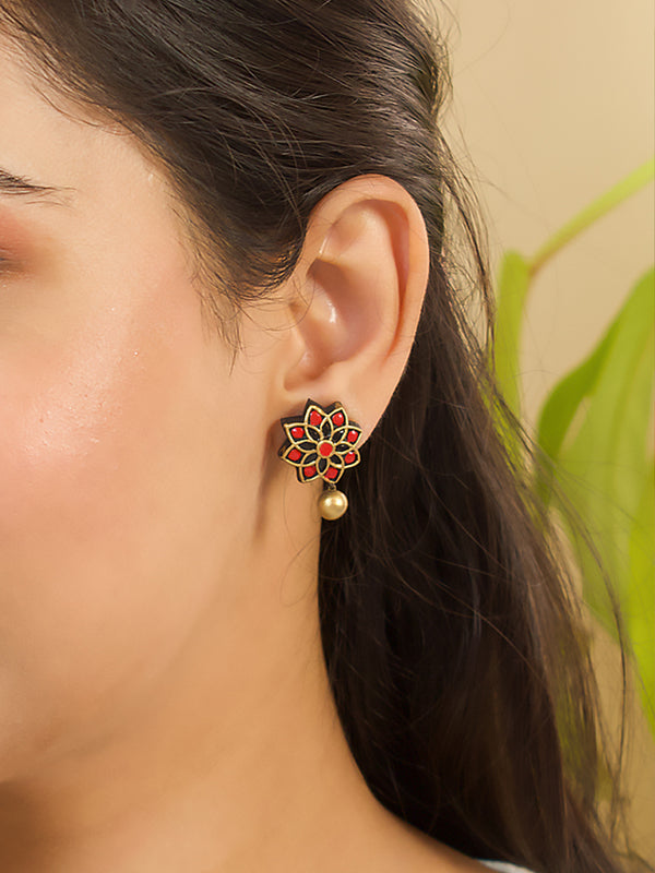 Black Red Gold Floral Mandala Work Handmade Terracotta Stud Earrings