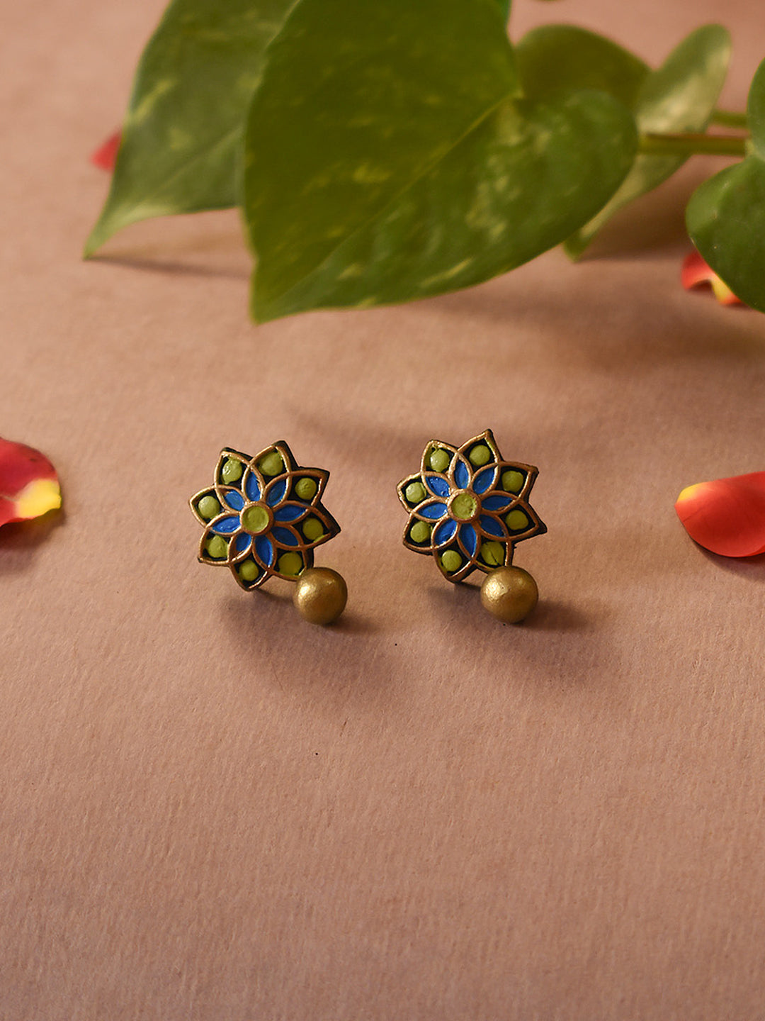 Blue Lime Green Antique Gold Floral Mandala Work Handmade Terracotta Stud Earrings
