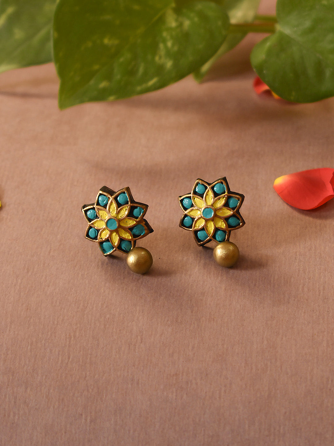 Yellow Green Antique Gold Floral Mandala Work Handmade Terracotta Stud Earrings