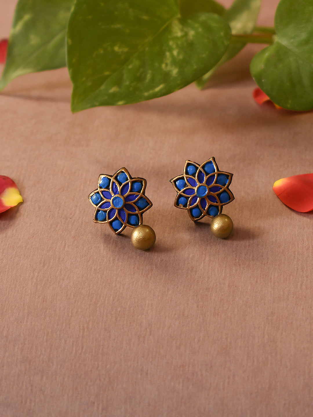 Neelaka — Light Blue Dark Blue Antique Gold Floral Mandala Work Handmade Terracotta Stud Earrings