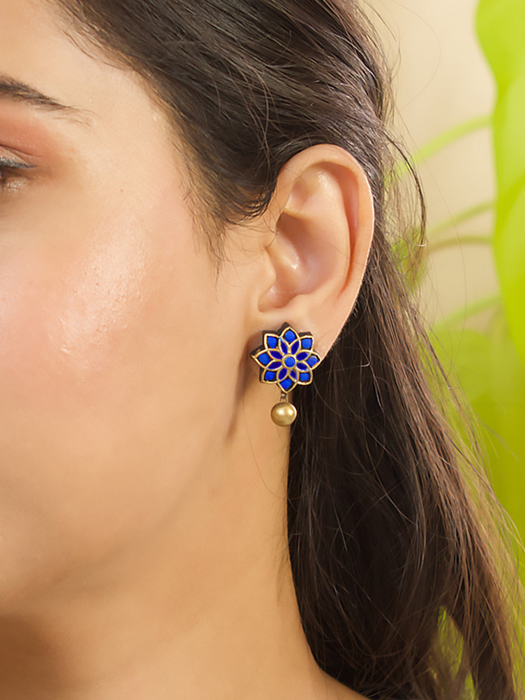 Neelaka — Light Blue Dark Blue Antique Gold Floral Mandala Work Handmade Terracotta Stud Earrings