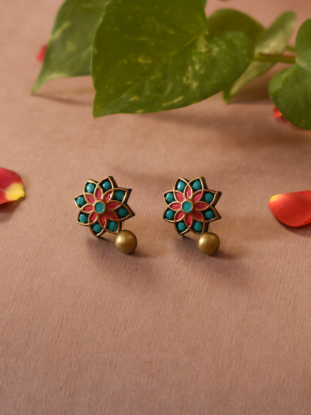 Pink Aqua Blue Antique Gold Floral Mandala Work Handmade Terracotta Stud Earrings