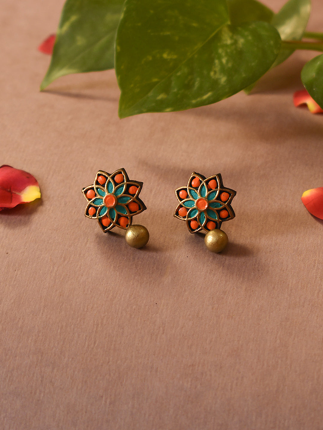 Orange Aqua Blue Antique Gold Floral Mandala Work Handmade Terracotta Stud Earrings