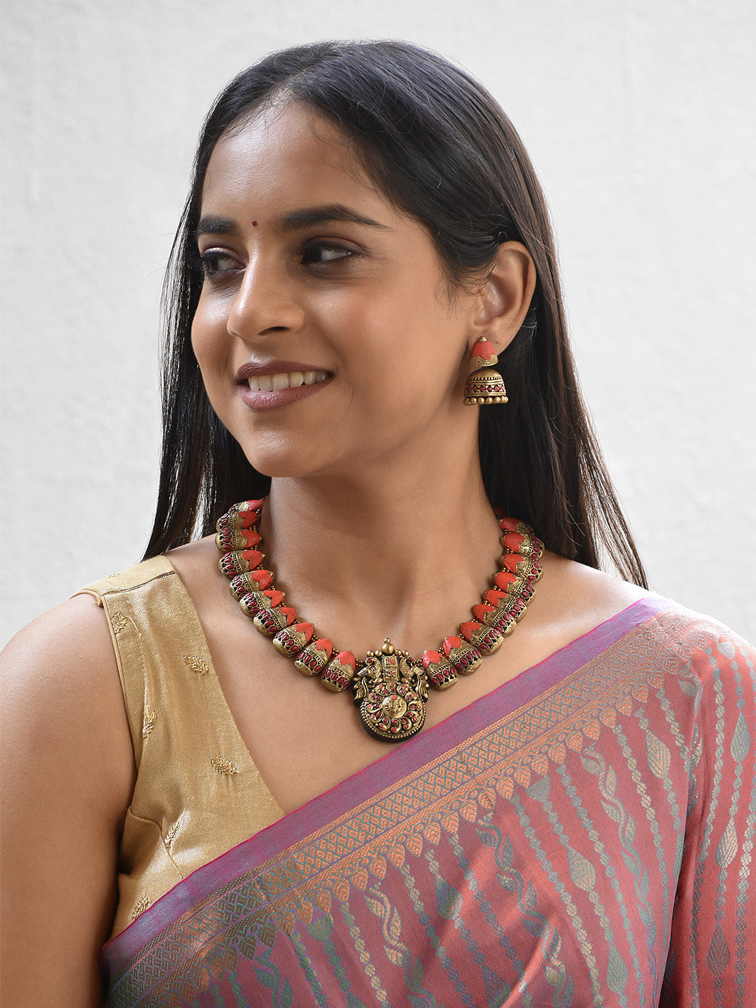 Handcrafted Peacock Pendant Terracotta Jewellery Set in Orange, Red and Antique Gold