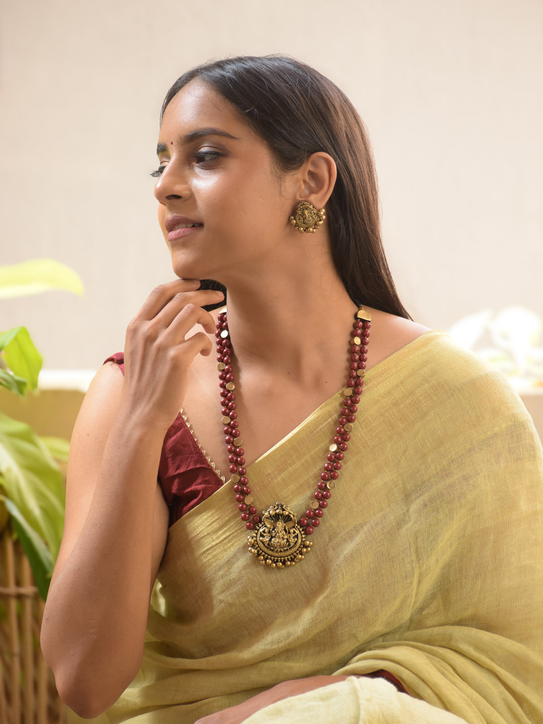 Ganeshvara - Handmade Terracotta Ganesha Pendant Necklace Set with Red Beads and Antique Finish Earrings