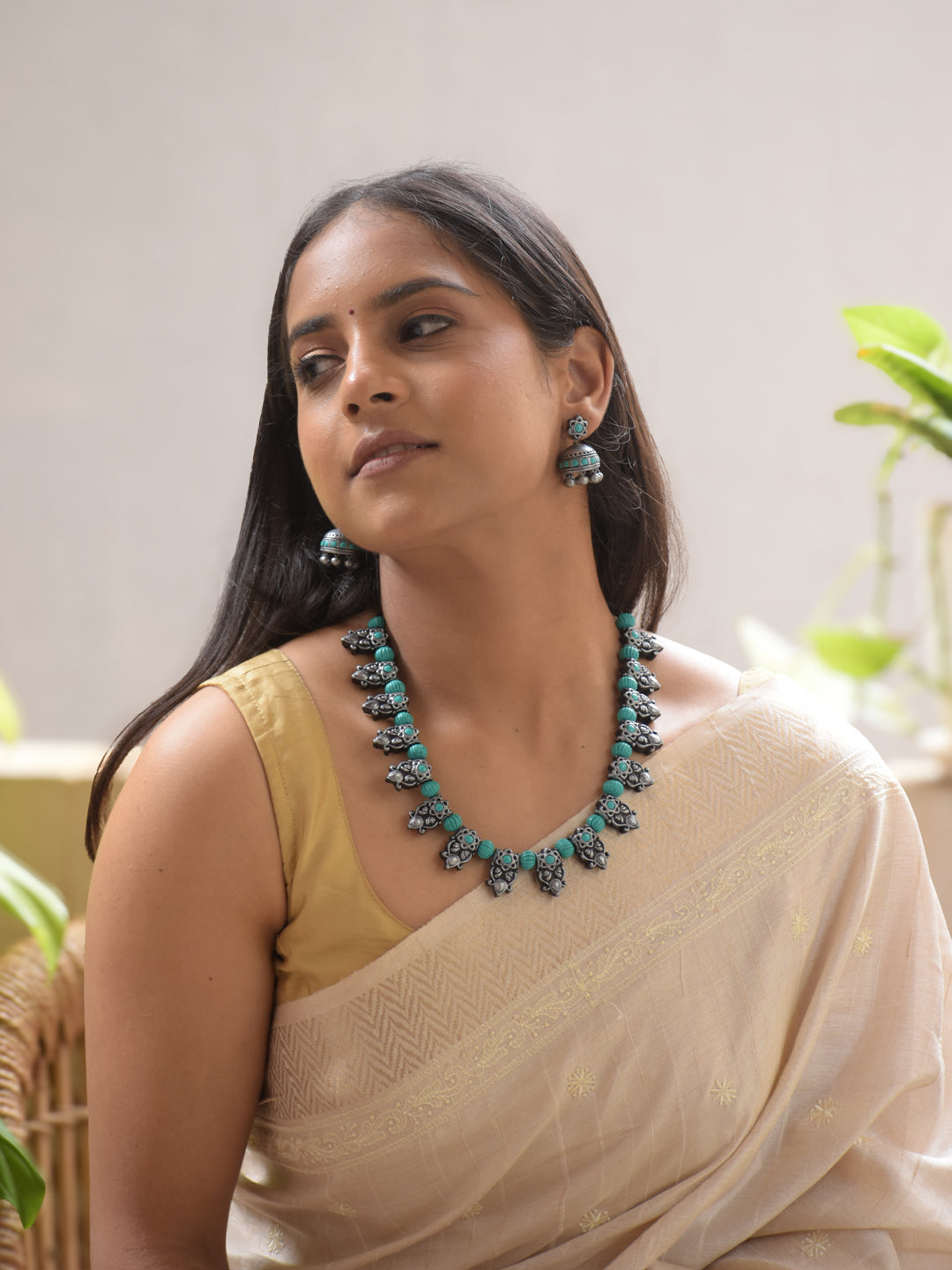 Shivaranjani - Handmade Terracotta Oxidized Silver Peacock Necklace Set with Blue Accents and Matching Earrings