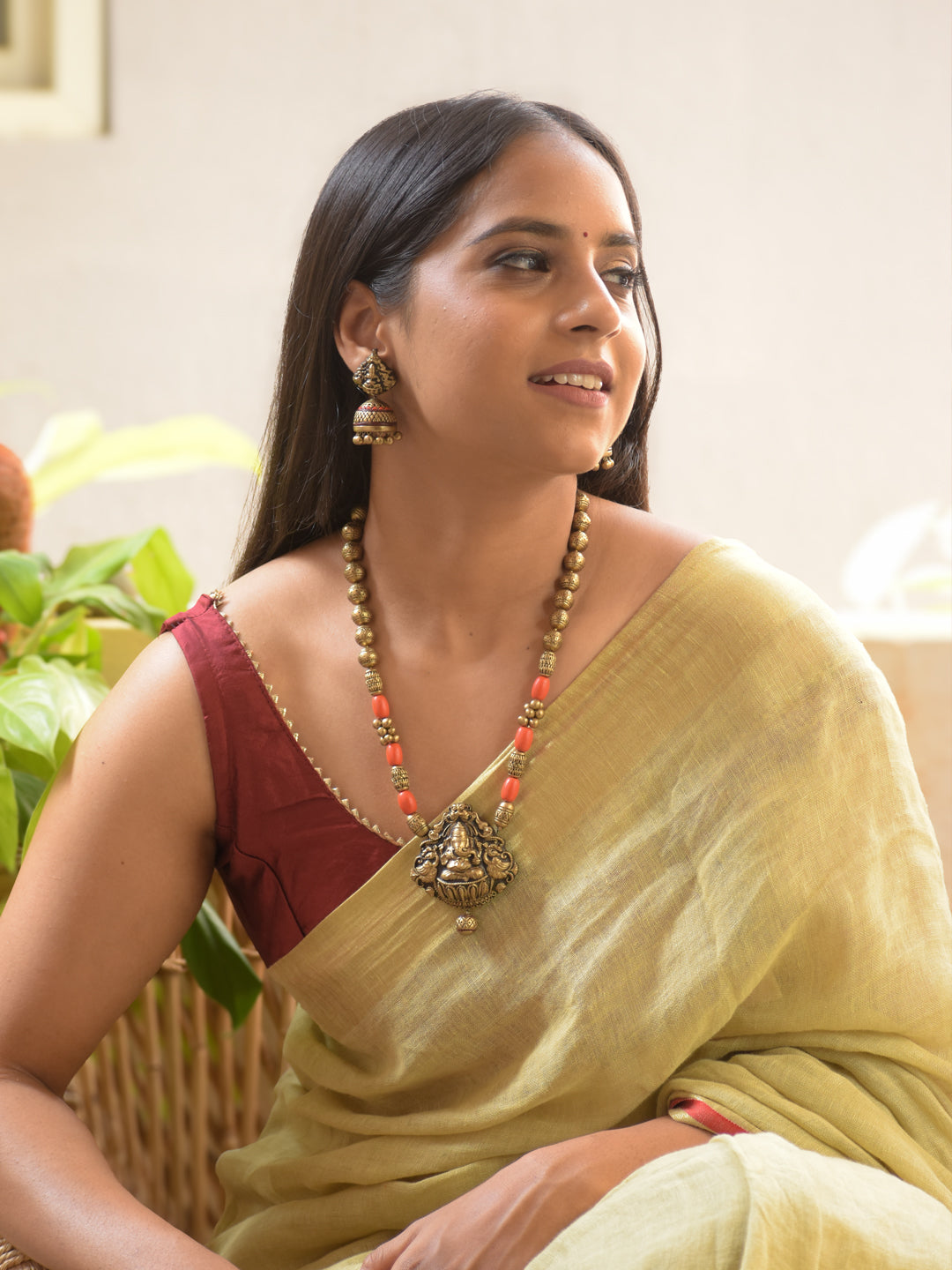 Ganavira - Handmade Terracotta Ganesha Pendant Necklace Set with Red Beads and Antique Gold Matching Earrings