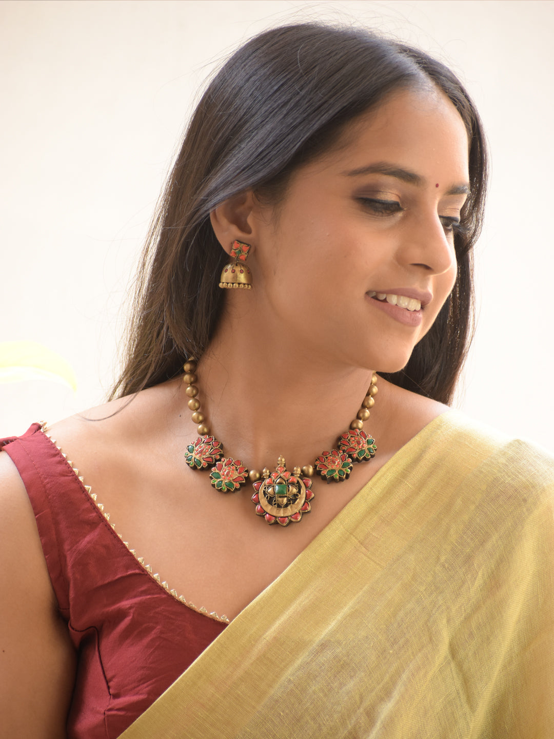 Kamayani - Handmade Terracotta Floral Lotus Necklace Set in Red & Green and Matching Earrings