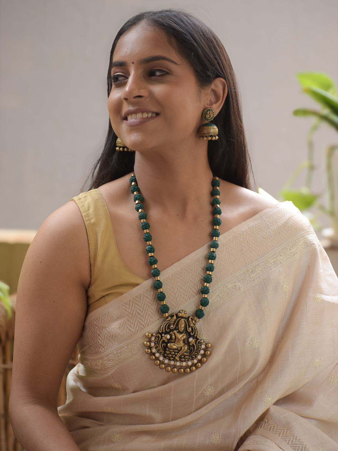 Haripriya - Handmade Terracotta Lakshmi Necklace Set – Green White & Antique Gold Earrings