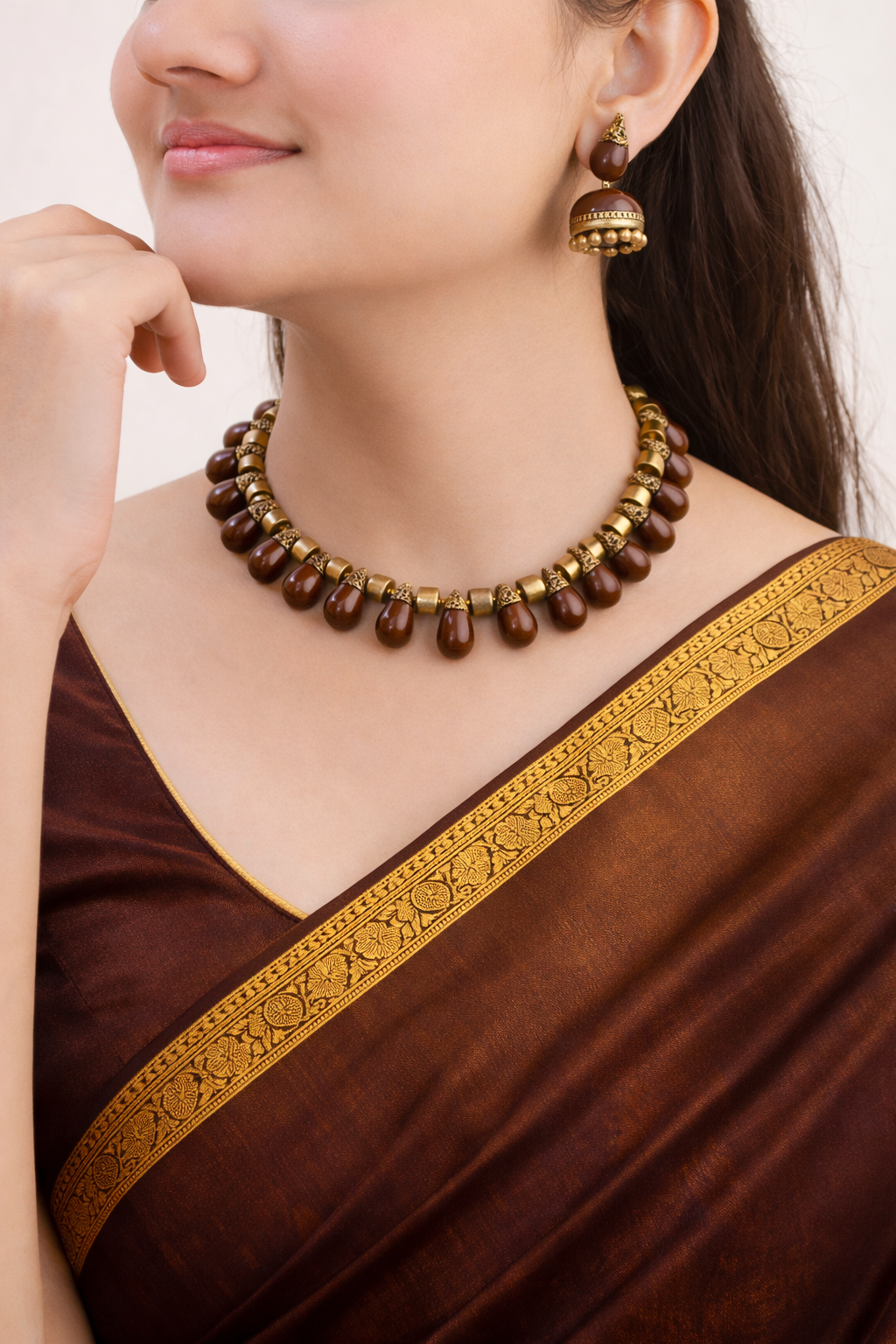 Kokoa — Tear Drop Design Handmade Terracotta Mocha Brown Colour Choker Necklace Set