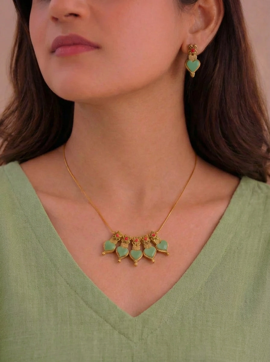 Mint Whisper 💚 — Minimal Light Green Mint Hearts Terracotta Necklace Set