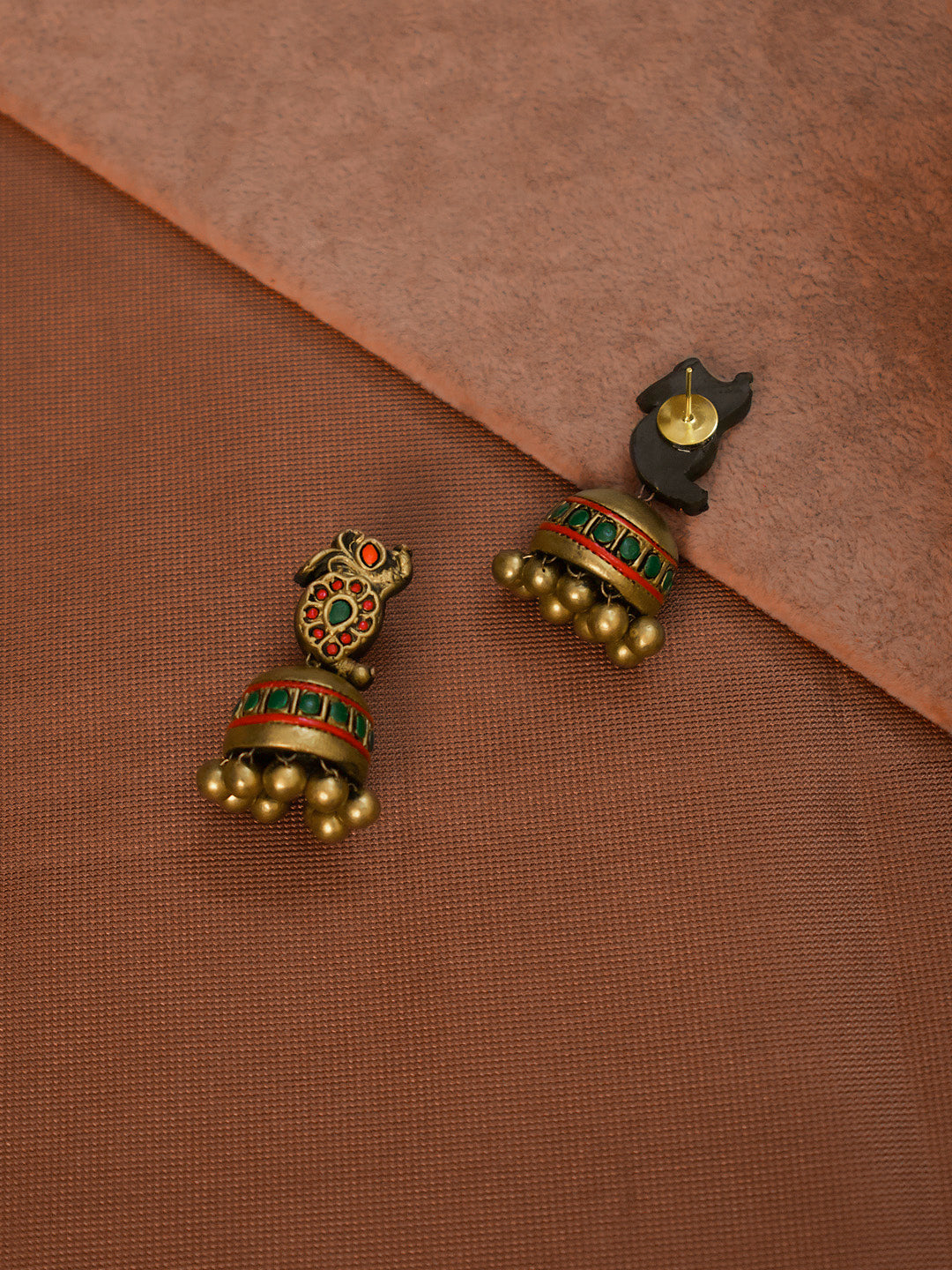 Mayuramra — Antique Gold Toned Peacock Design Pendant Red And Green Color With Mango Design Motifs Choker Handmade Terracotta Necklace Set