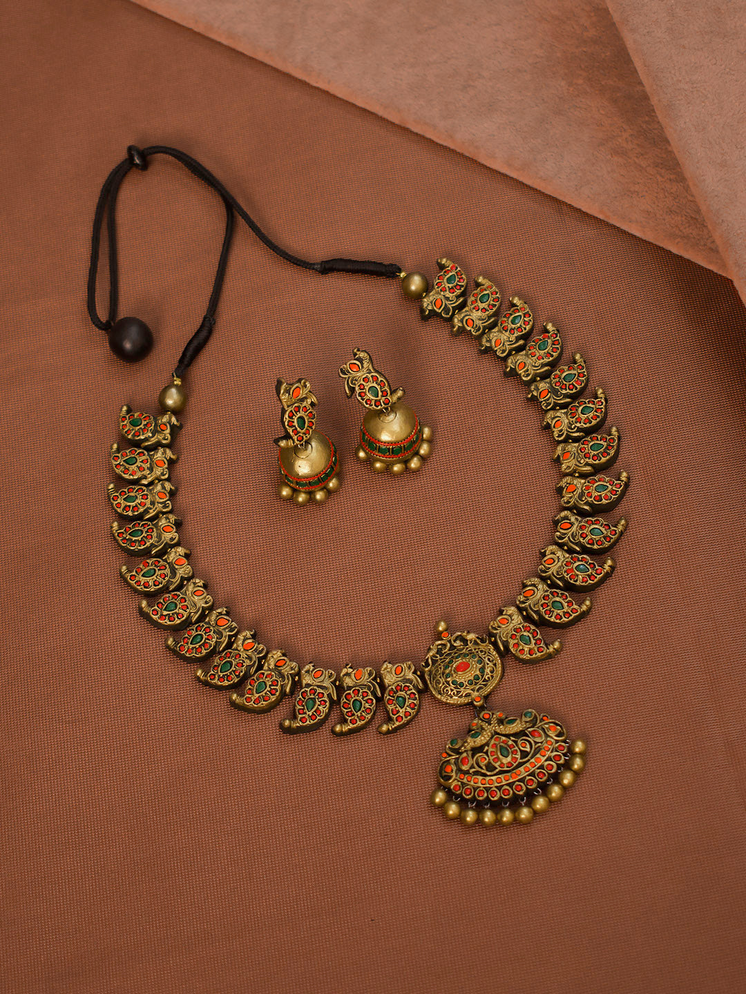 Mayuramra — Antique Gold Toned Peacock Design Pendant Red And Green Color With Mango Design Motifs Choker Handmade Terracotta Necklace Set