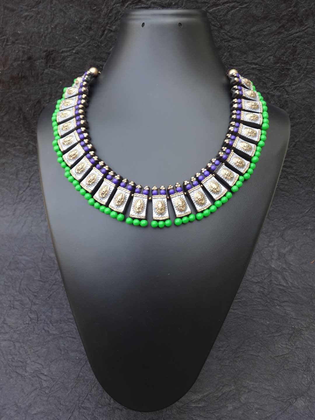 Antique Silver And Gold Toned Ganesha Design Motifs Green And Blue Color Choker Handmade Terracotta Necklace Set