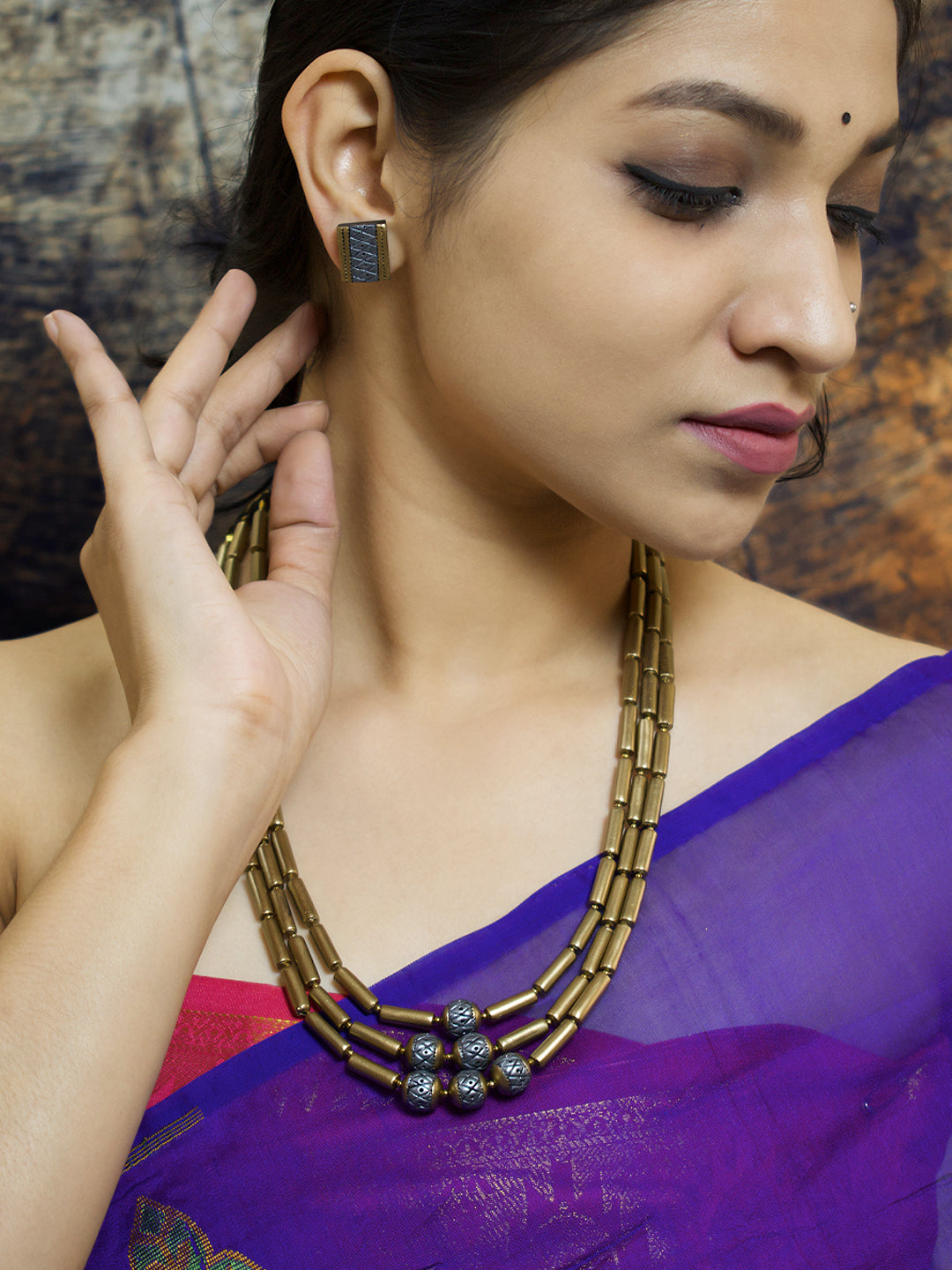 Tribhujika — Antique Gold Toned Three Layered Cylindrical Tubes Long Handmade Terracotta Necklace Set