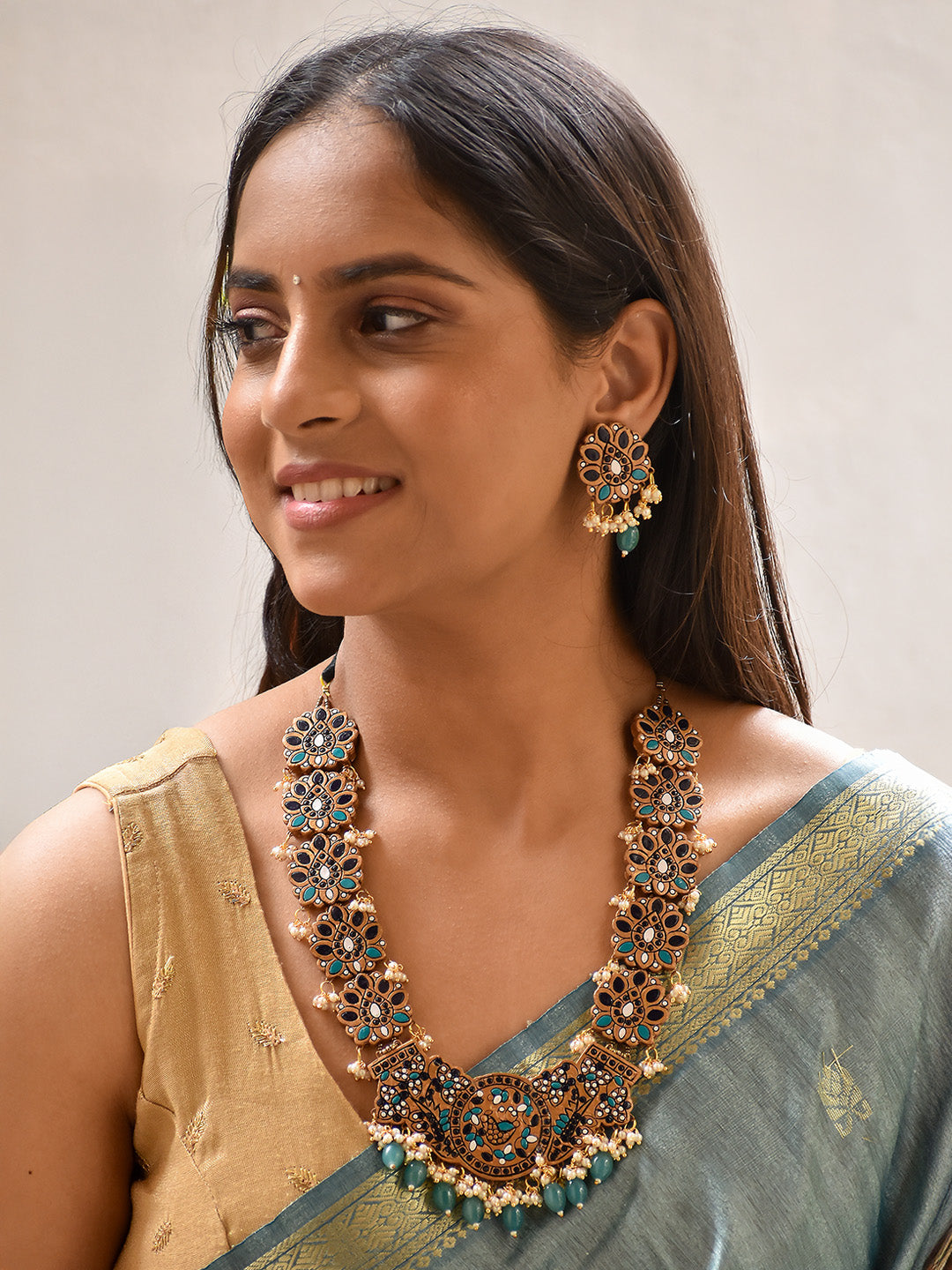 Beautifully Handmade Floral Terracotta Jewellery Set in Teal & Navy Blue