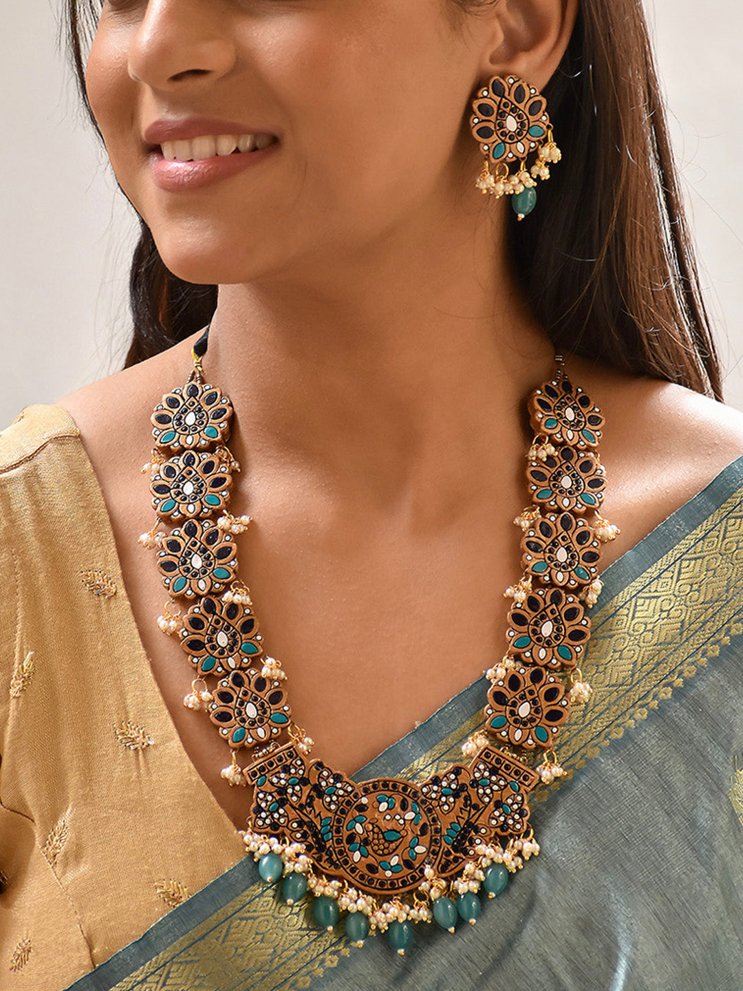 Beautifully Handmade Floral Terracotta Jewellery Set in Teal & Navy Blue