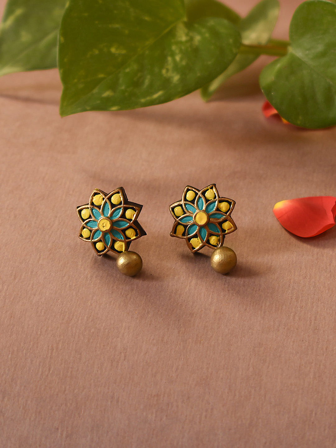 Bamboo Yellow Aqua Blue Antique Gold Floral Mandala Work Handmade Terracotta Stud Earrings
