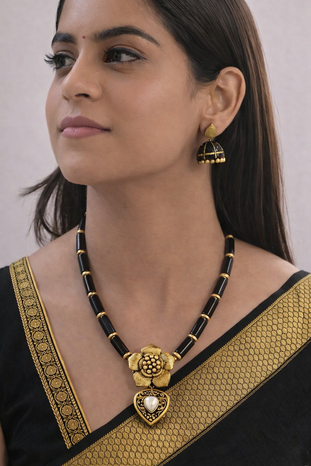 Kṛṣṇa Pushpa Lata — Golden Blossom Charm Black and Gold Terracotta Necklace Set With Jhumkas