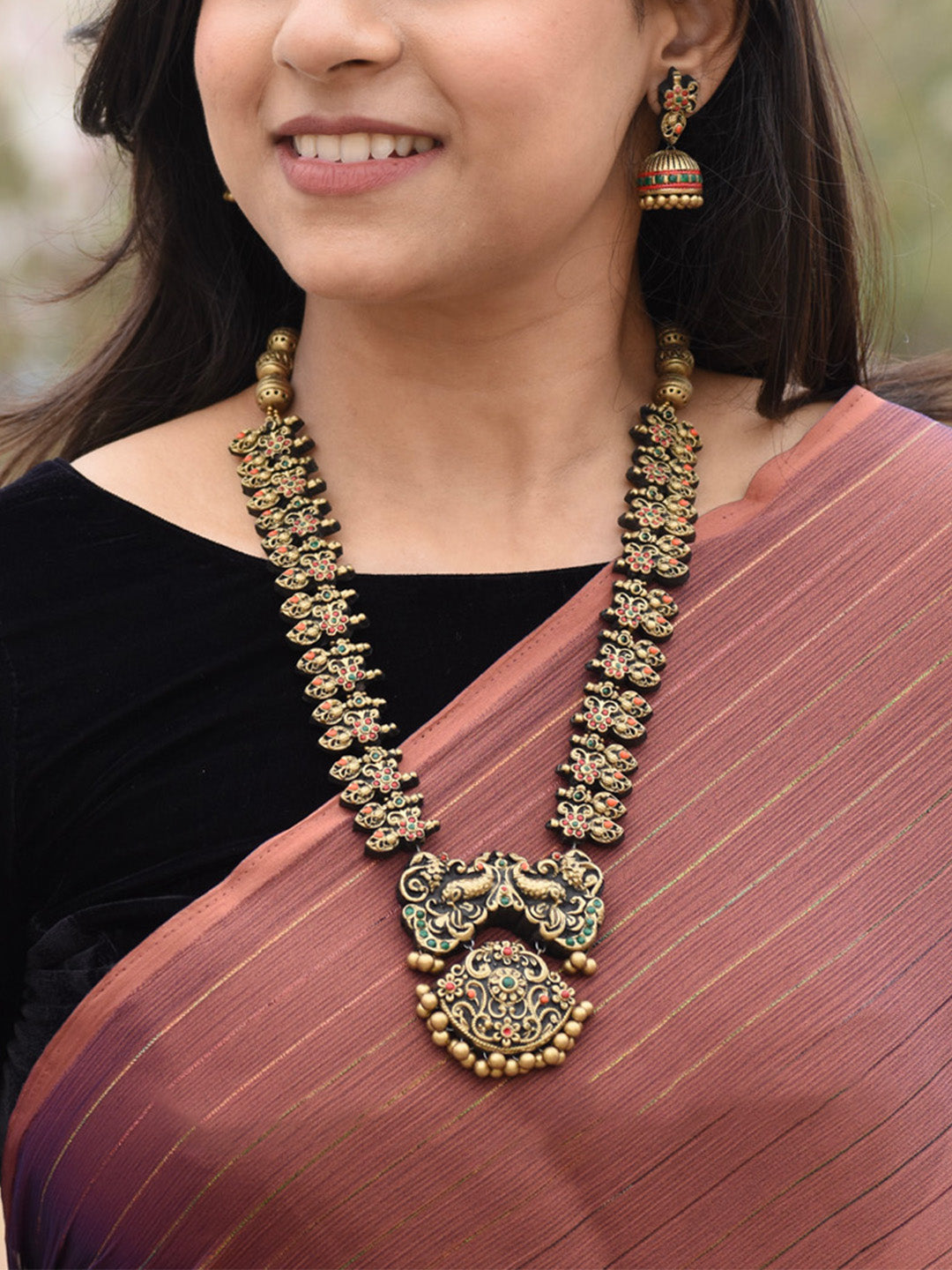 Antique Gold Red Green Haram Style Floral Peacock Handmade Terracotta Necklace Set