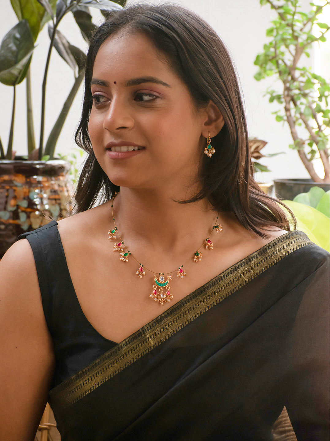 Premium Gold Finish Red Green Pearls Necklace Set