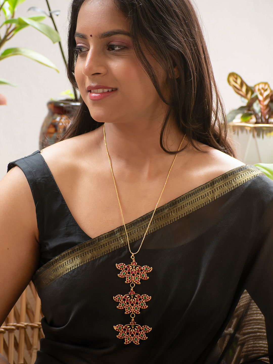 Premium Gold Finish Red and Green Kemp Stone Temple Necklace with Gold Chain