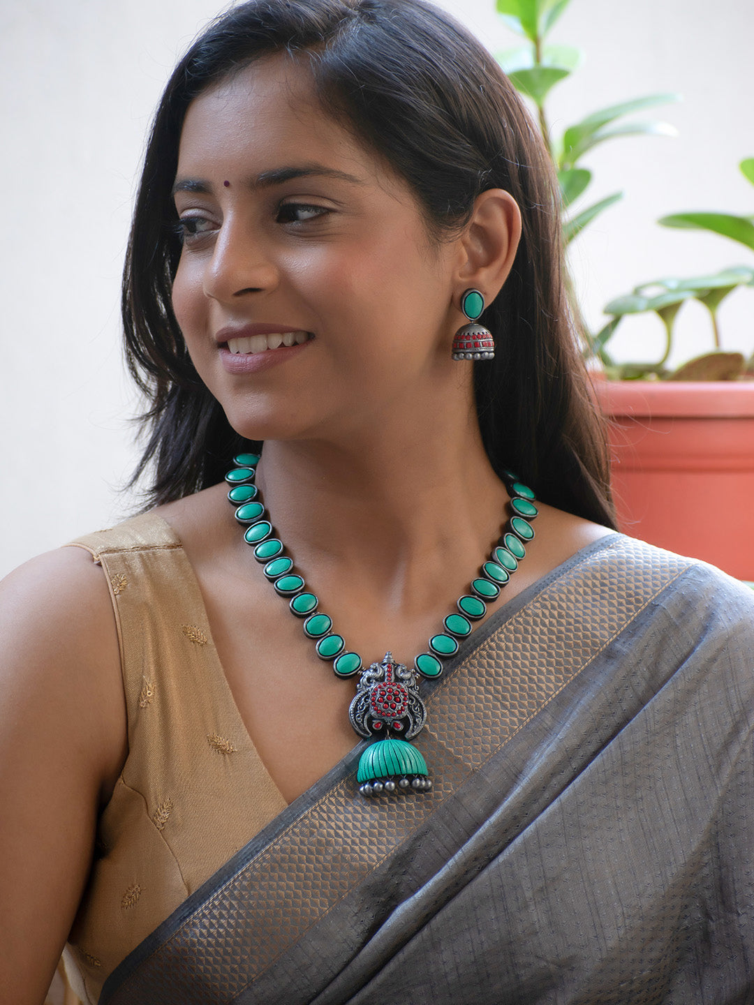 Antique Silver and Pool Blue Peacock Design Handmade Terracotta Necklace Set