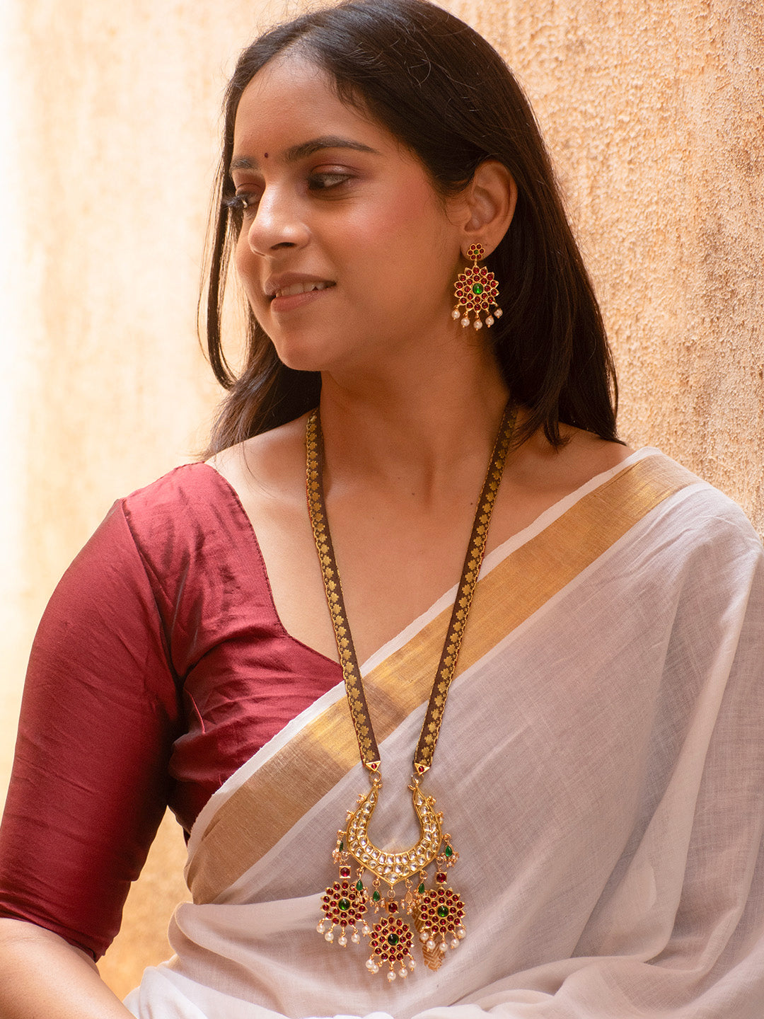 Zarhira — Premium Gold Finish Red Green Zari and Kemp Stones Temple Necklace Set with Kundan Stones