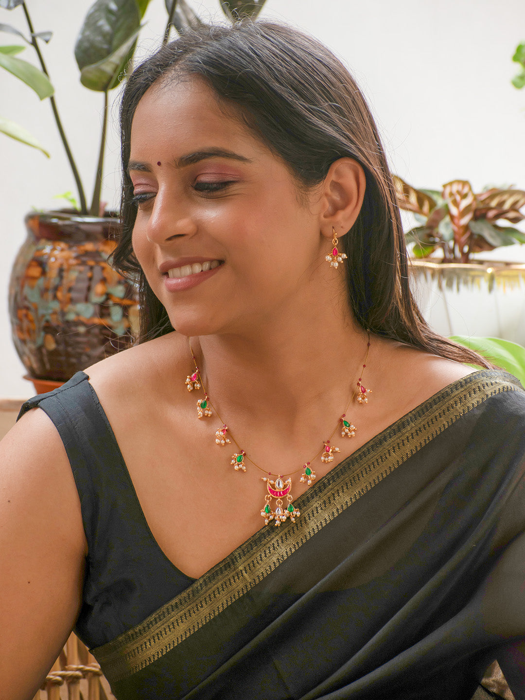 Premium Gold Finish Red Green Pearls Necklace Set