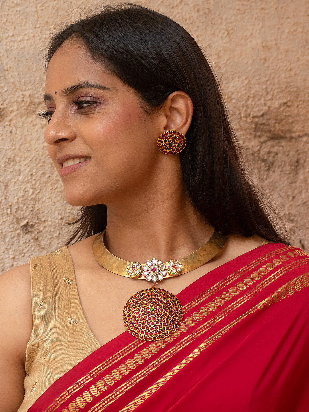 Shringaara - Premium Gold Finish Temple Necklace Set-Round Red Green and Kundan Stones