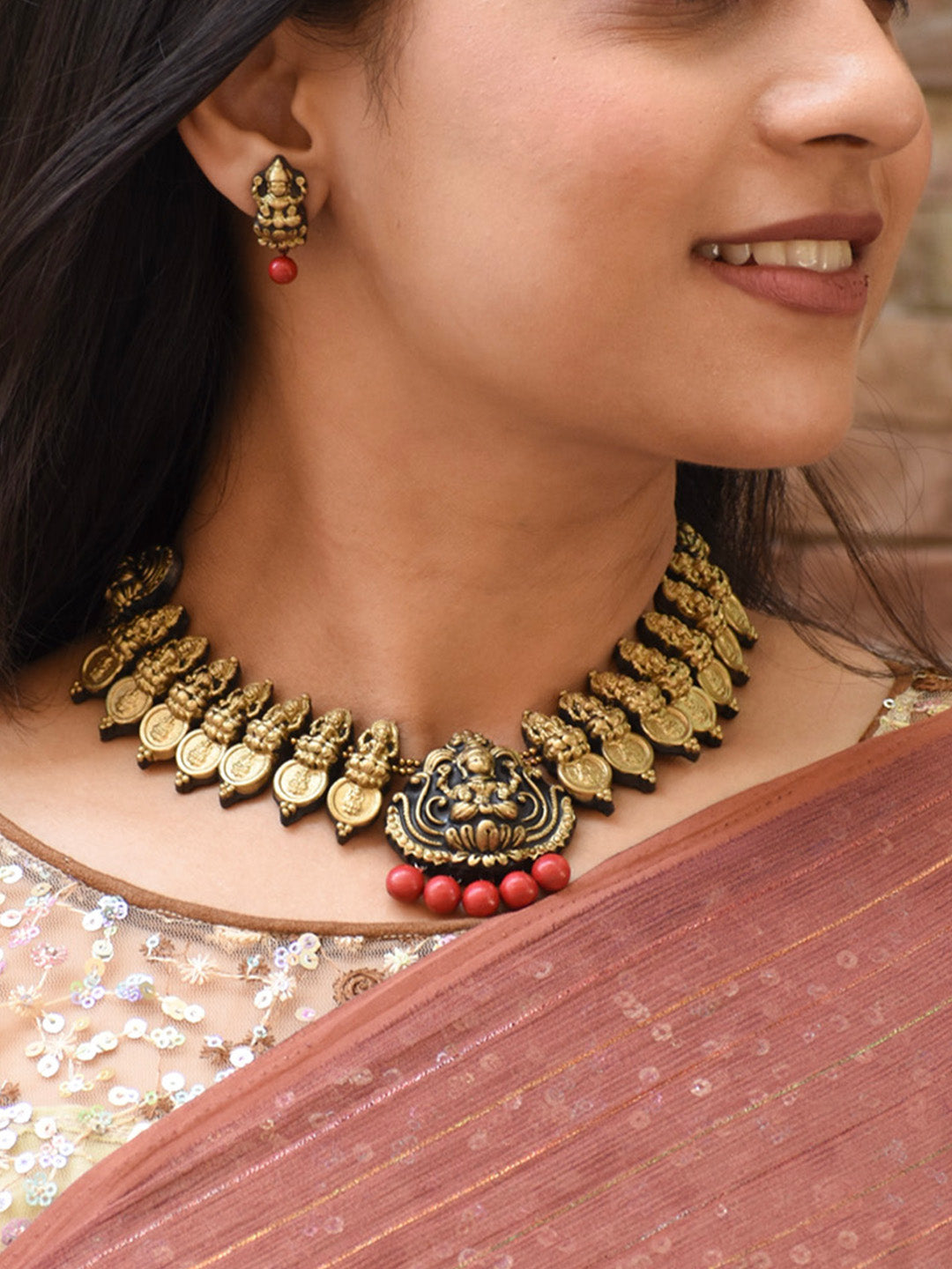 Antique Gold Red Reflections of Lakshmi Coin Design Temple Handmade Terracotta Necklace Set