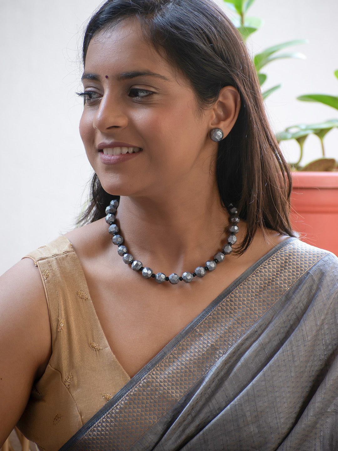 Antique Silver Crystal Beads Handmade Terracotta Necklace Set