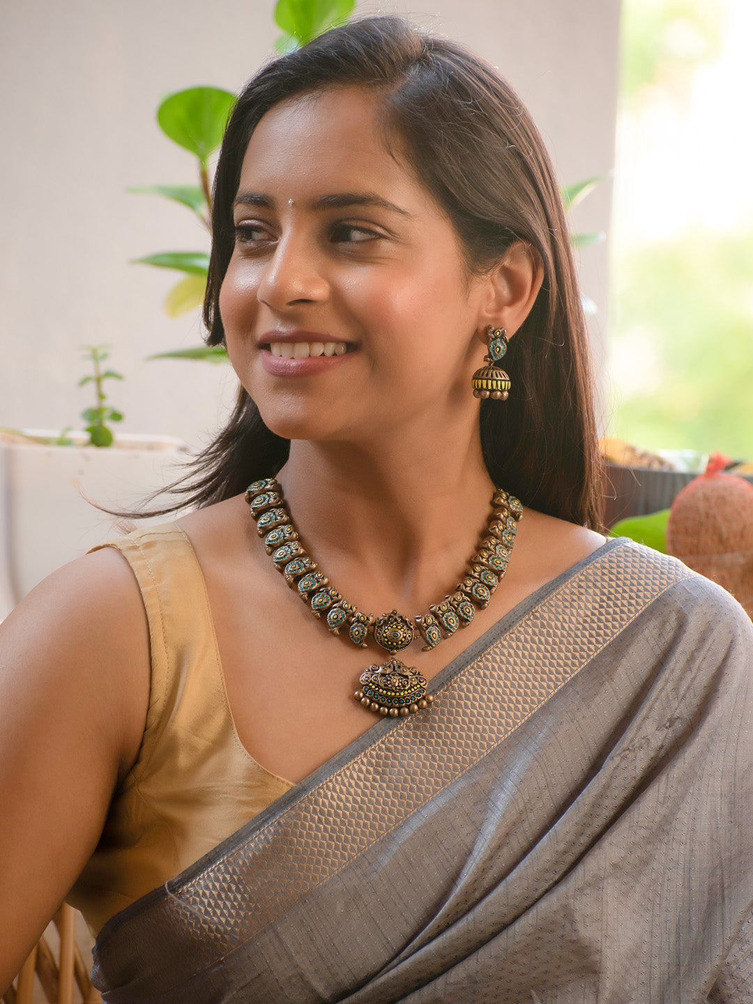 Peacock Pendant Choker with Mango Motifs in Yellow and Blue – Handmade Terracotta Necklace Set