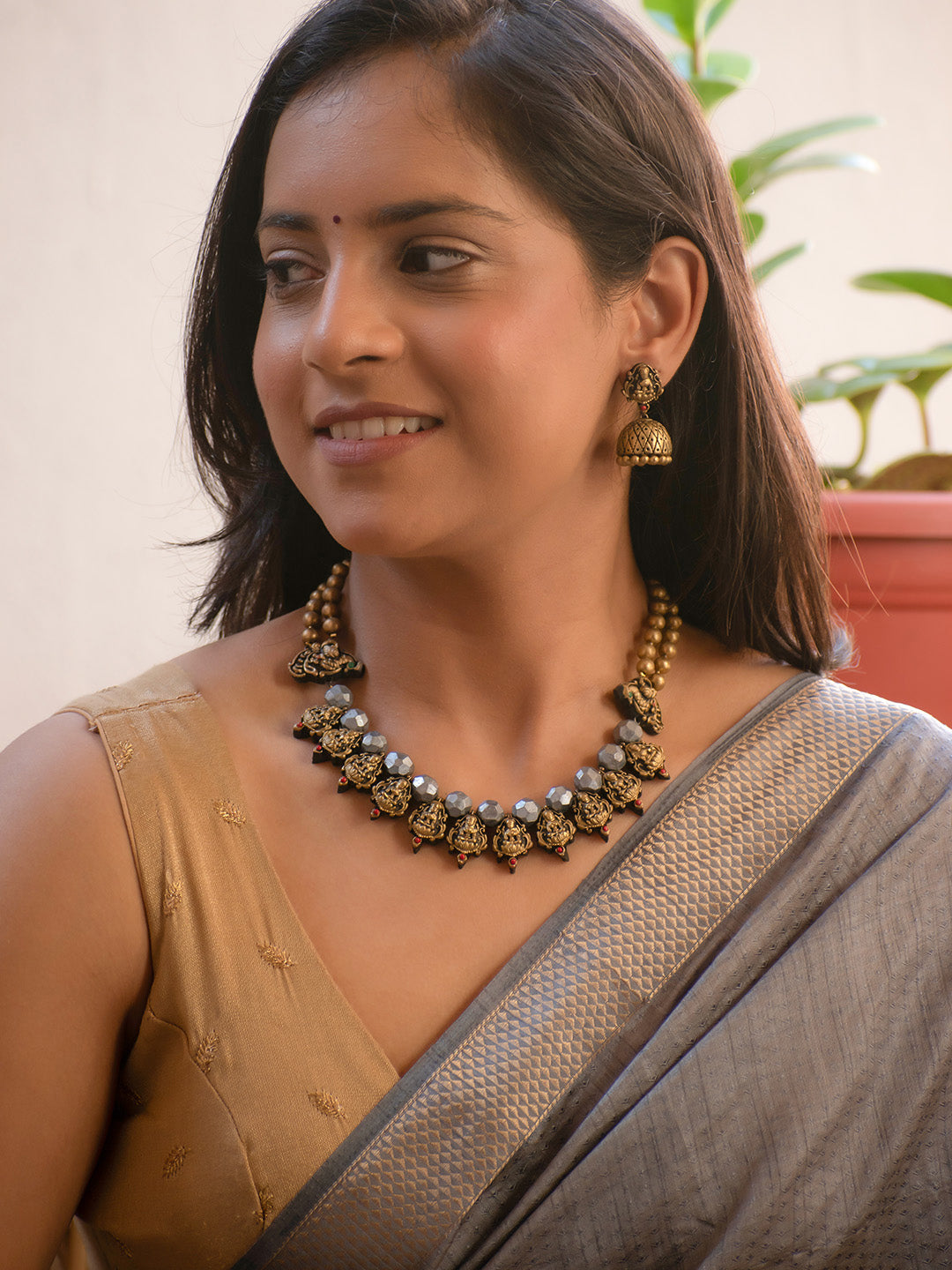 Antique Gold and Silver Lakshmi and Peacock Design Handmade Terracotta Necklace Set