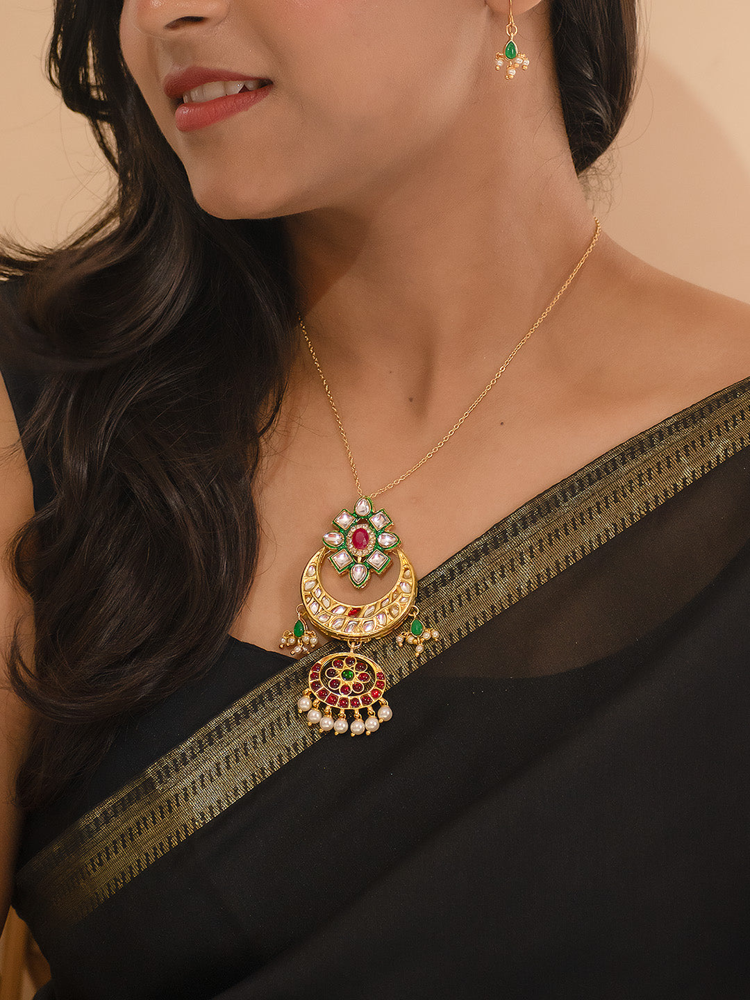 Premium Gold Finish Red Green Kundan Stone Metal Chain Necklace Set