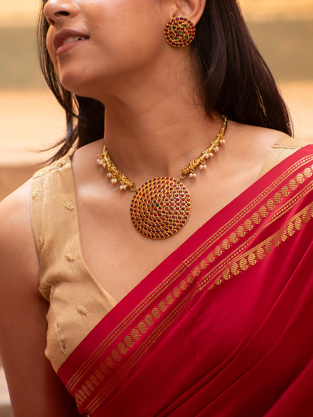 Premium Gold Finish Temple Necklace Set-Round Red Green and Pearls