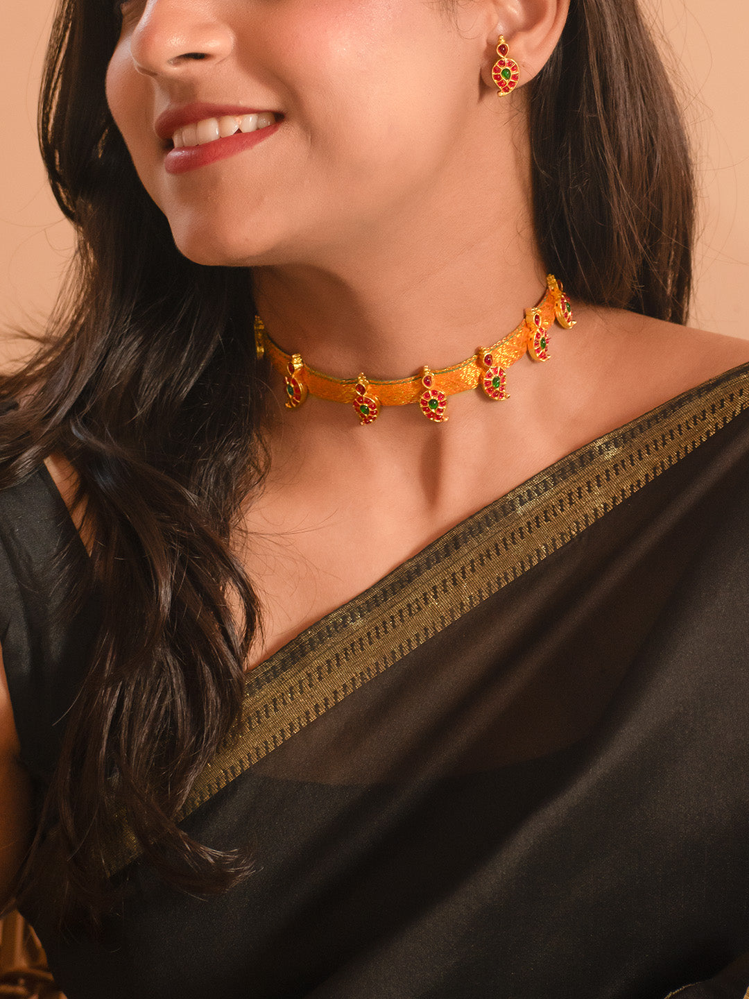 Premium Gold Finish Red Green Mango Kemp Stone Choker Set