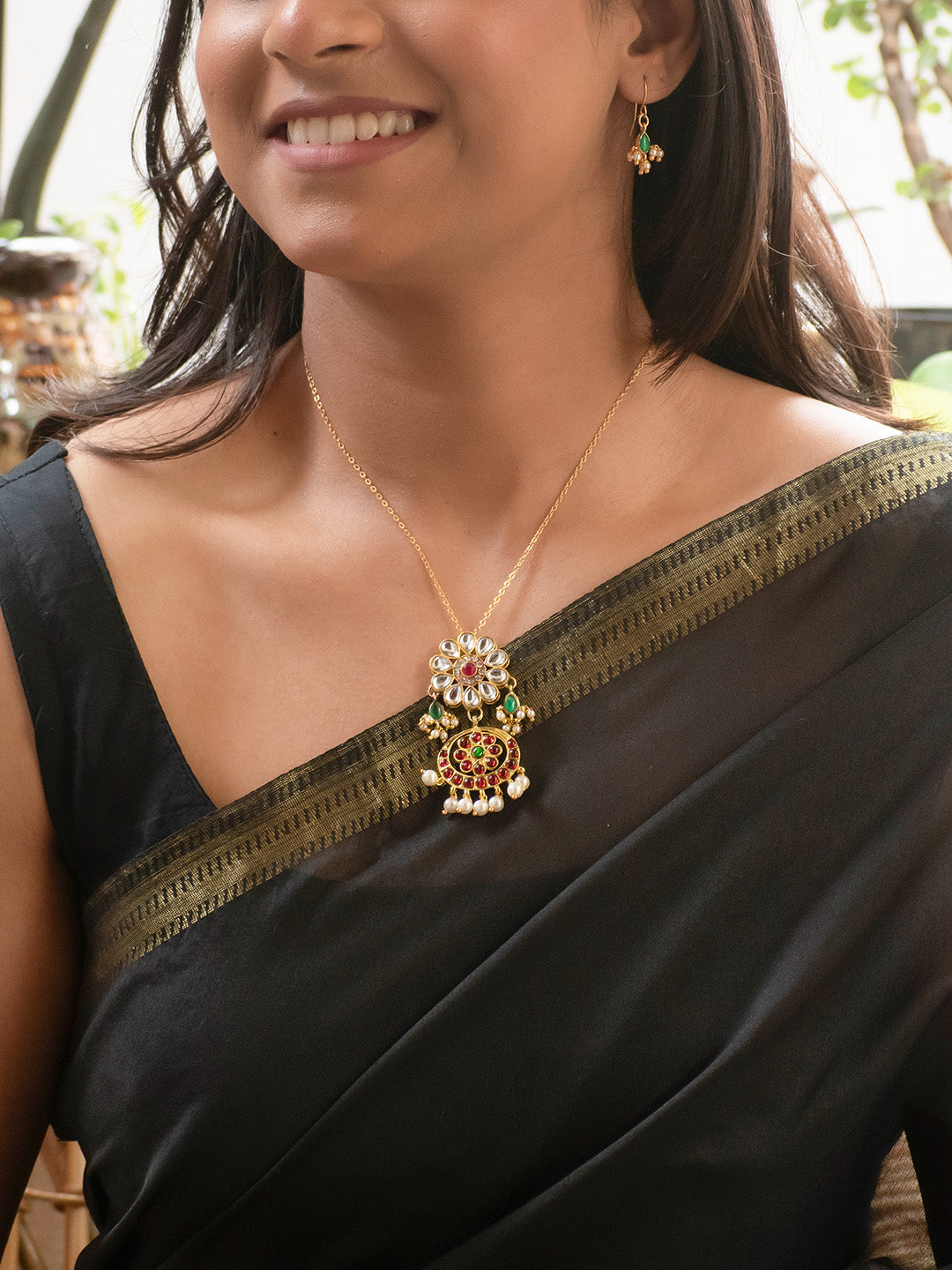 Premium Gold Finish Red Green Kundan Stone Metal Chain Necklace Set