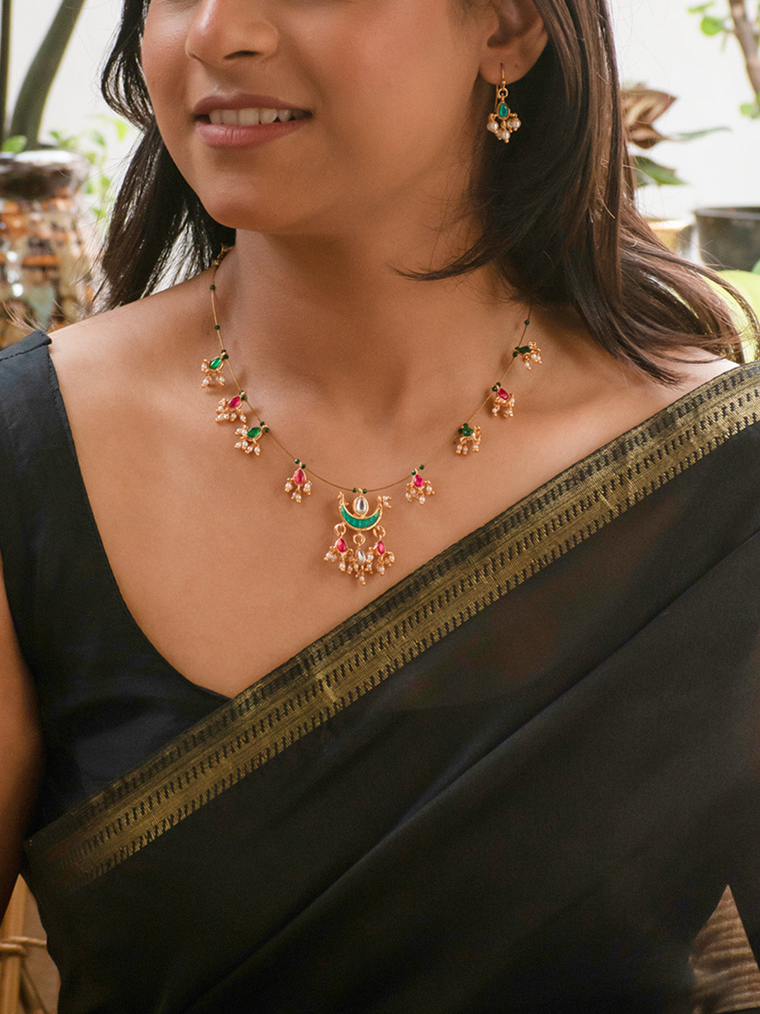 Premium Gold Finish Red Green Pearls Necklace Set