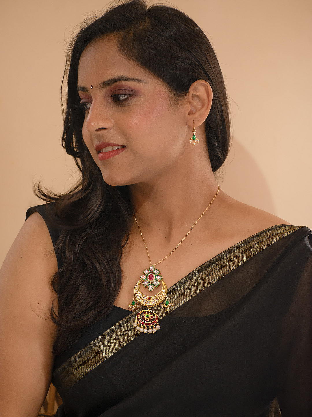 Premium Gold Finish Red Green Kundan Stone Metal Chain Necklace Set