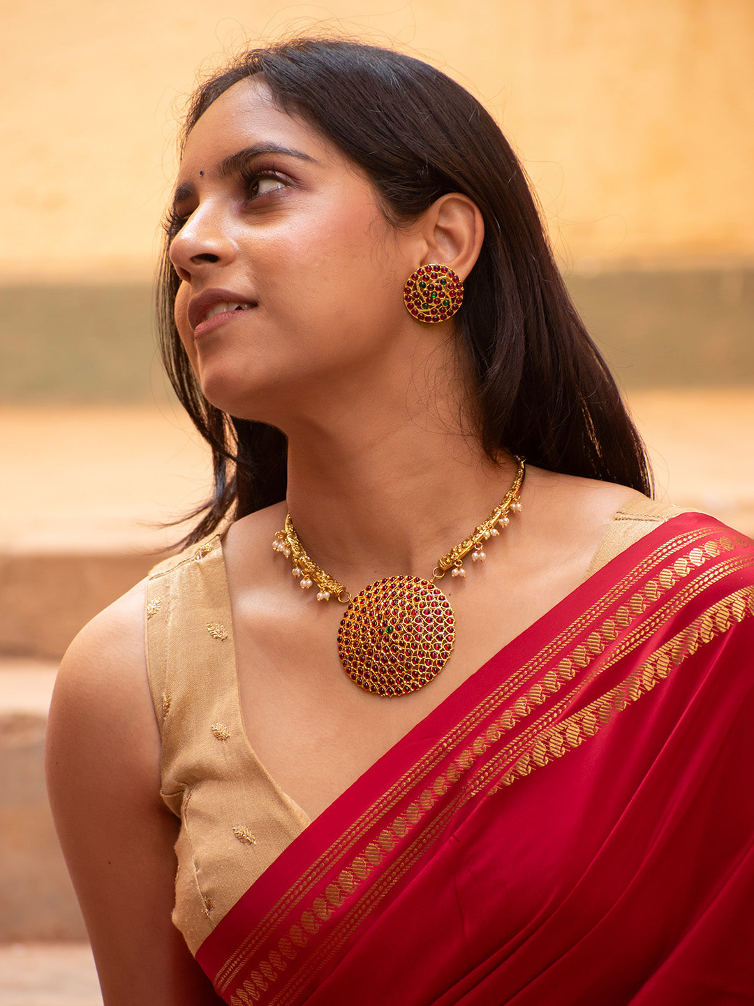 Premium Gold Finish Temple Necklace Set-Round Red Green and Pearls