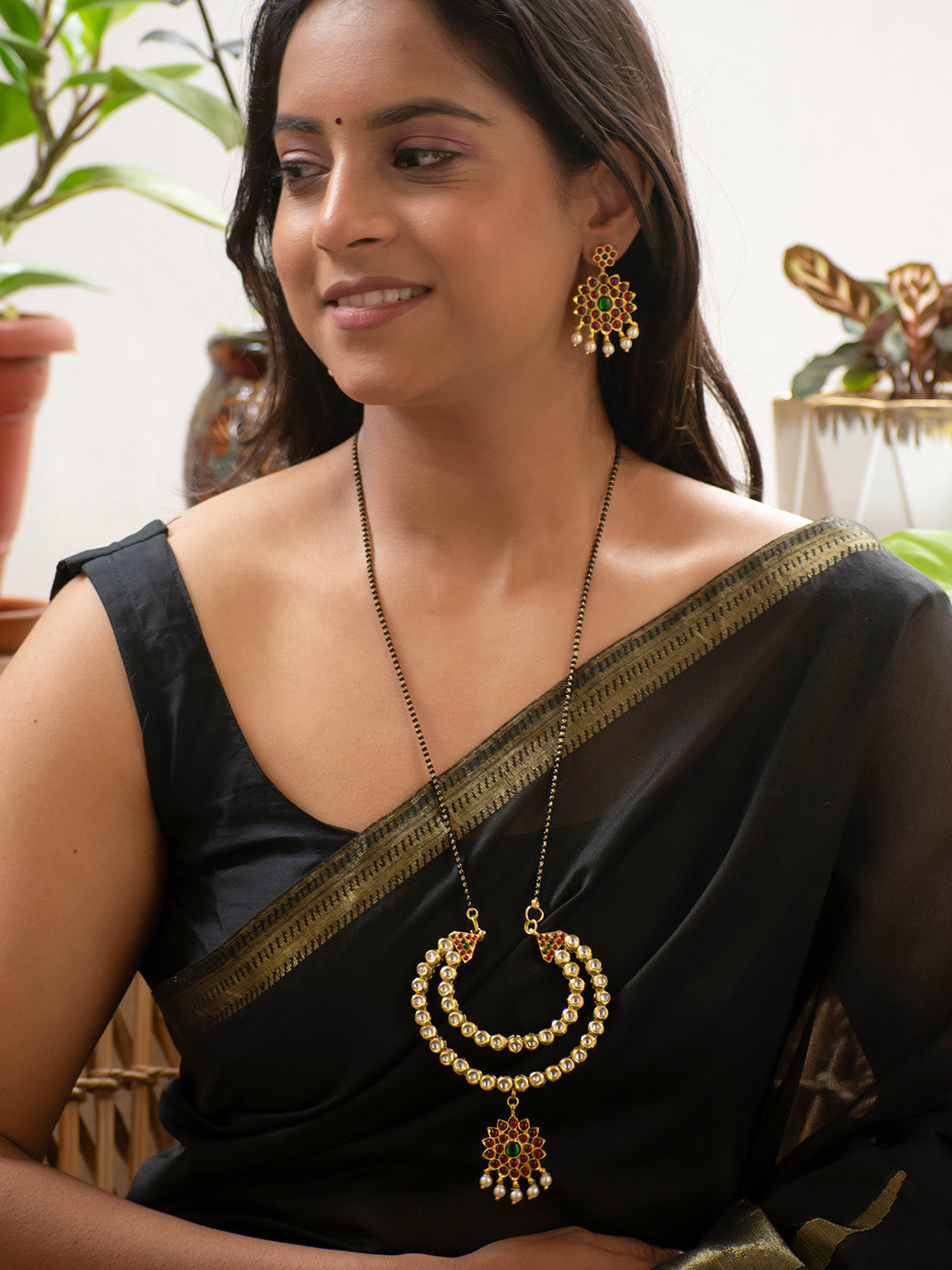 Premium Gold Finish Kundan Stone Red and Green Kemp Stone Temple Necklace Set with Mangalsutra Chain