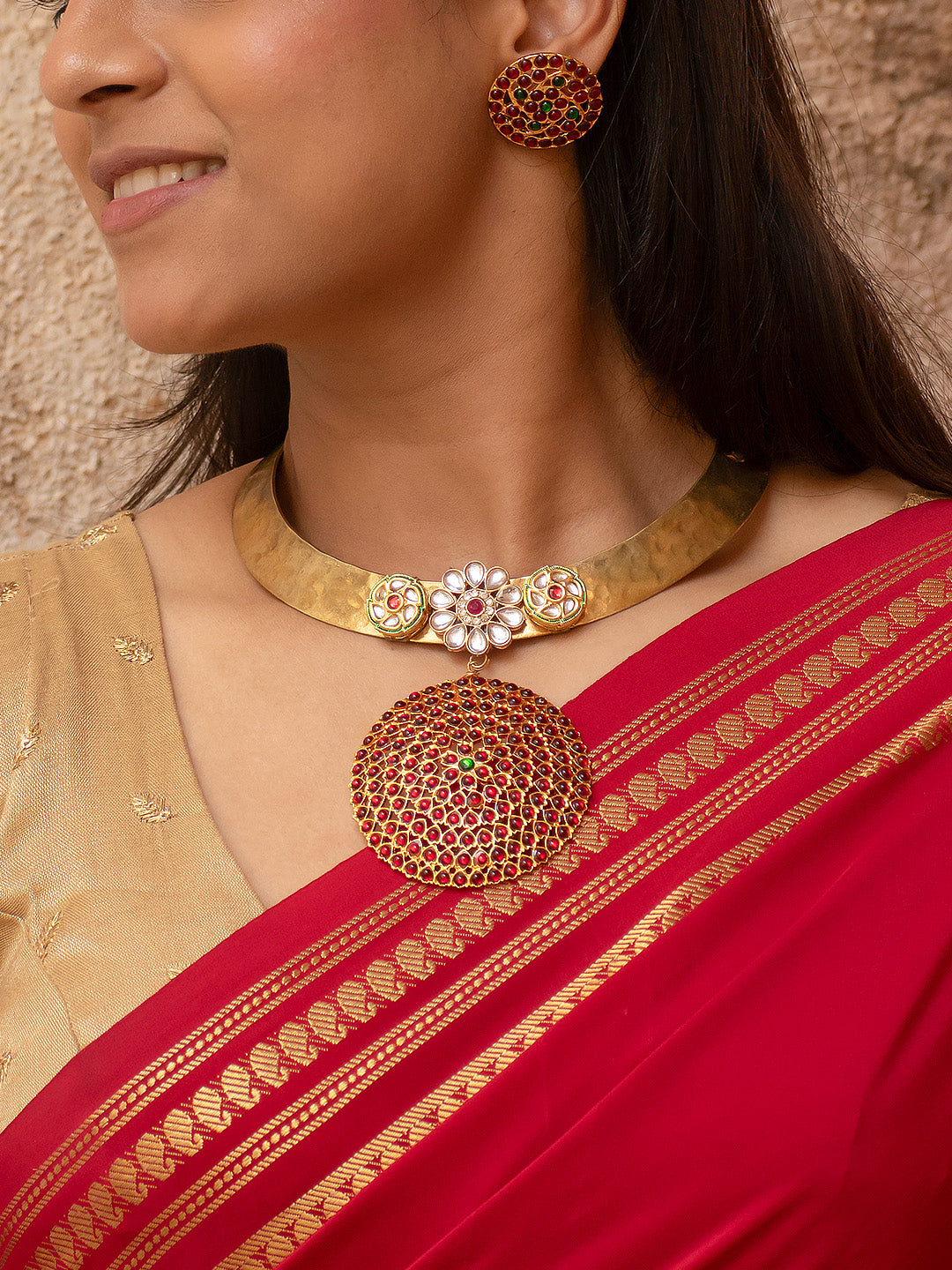 Shringaara - Premium Gold Finish Temple Necklace Set-Round Red Green and Kundan Stones