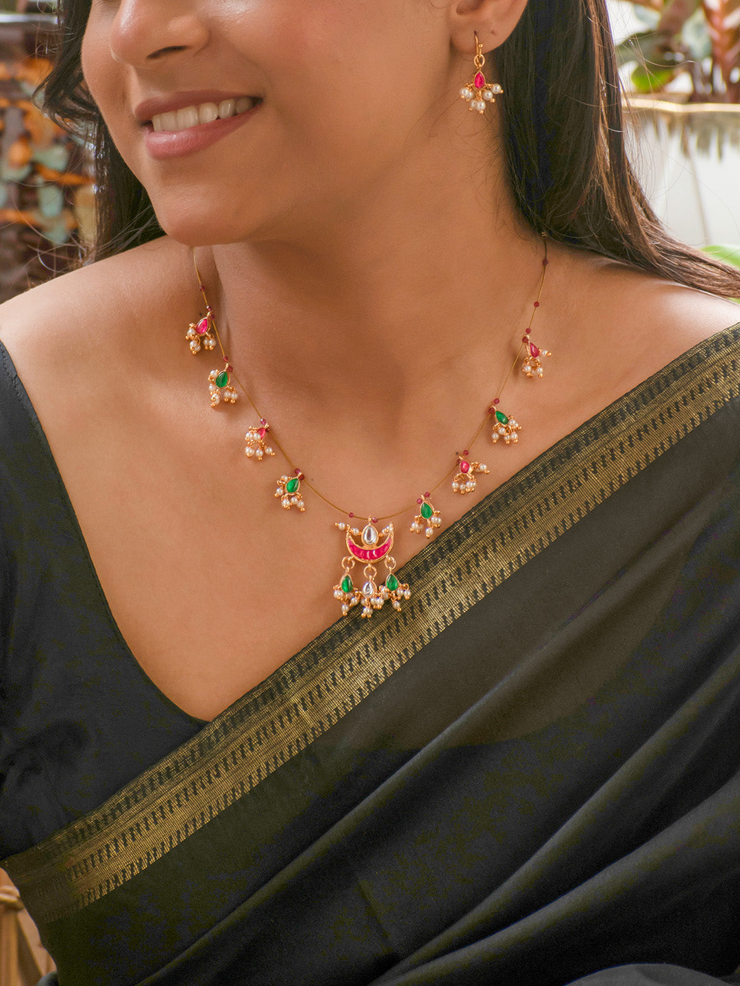 Premium Gold Finish Red Green Pearls Necklace Set