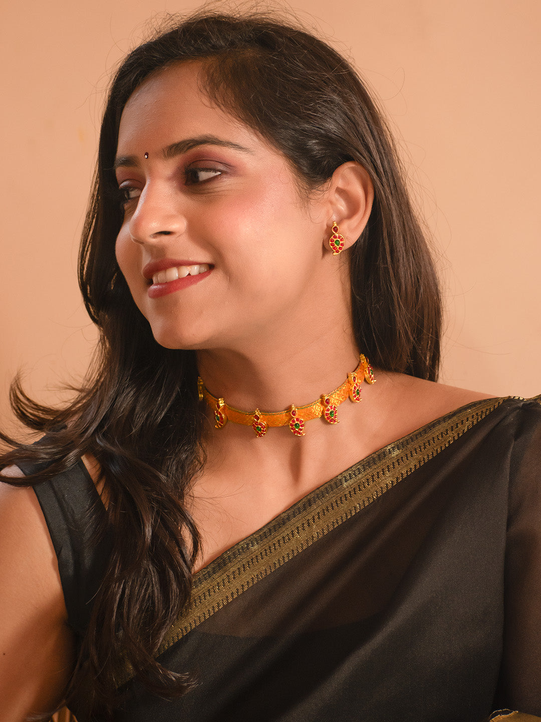 Premium Gold Finish Red Green Mango Kemp Stone Choker Set