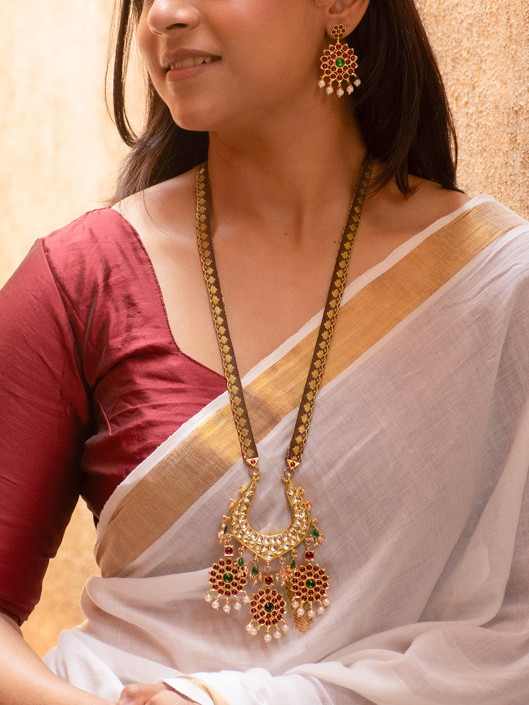 Zarhira — Premium Gold Finish Red Green Zari and Kemp Stones Temple Necklace Set with Kundan Stones