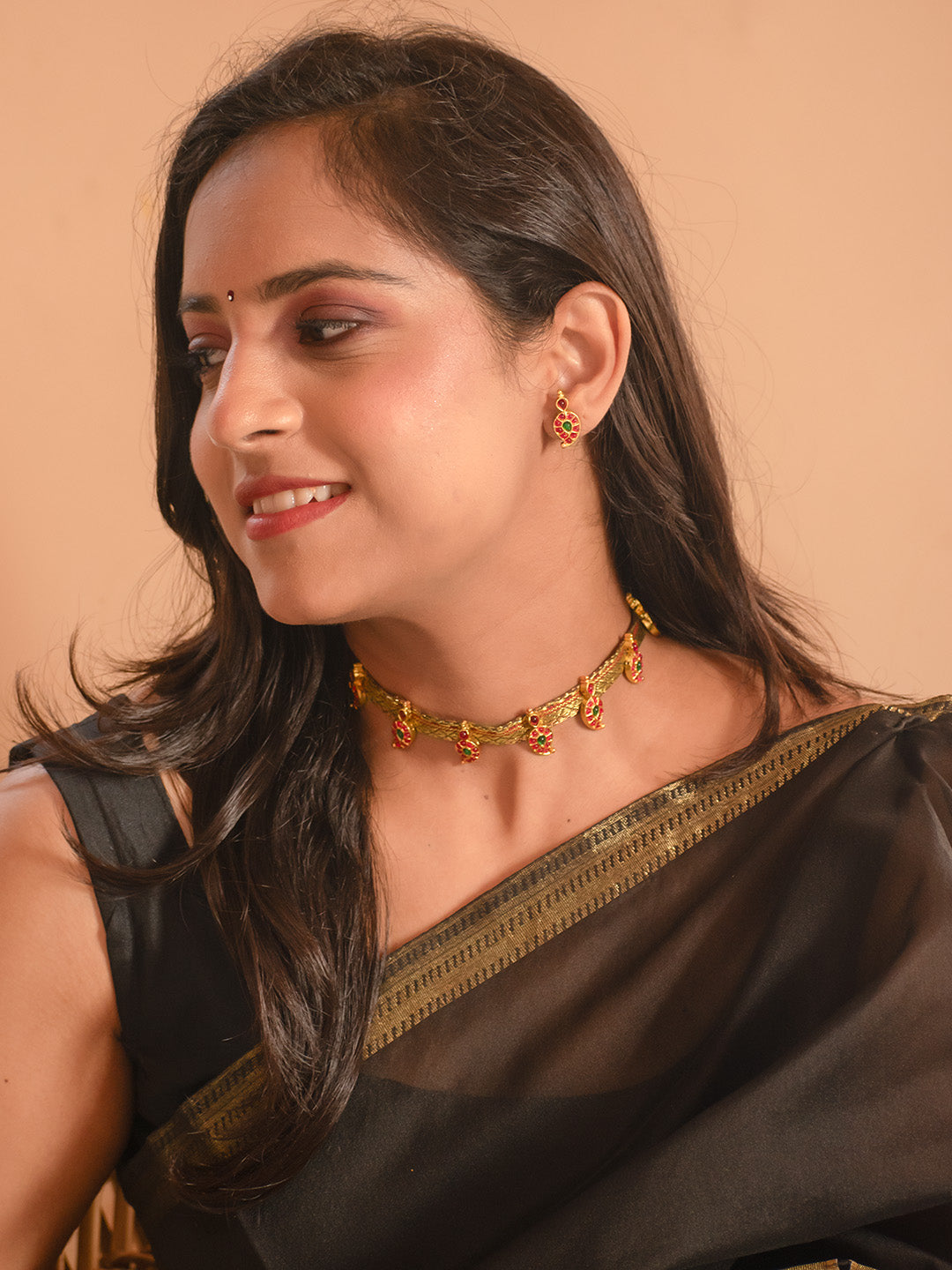 Premium Gold Finish Red Green Mango Kemp Stone Choker Set