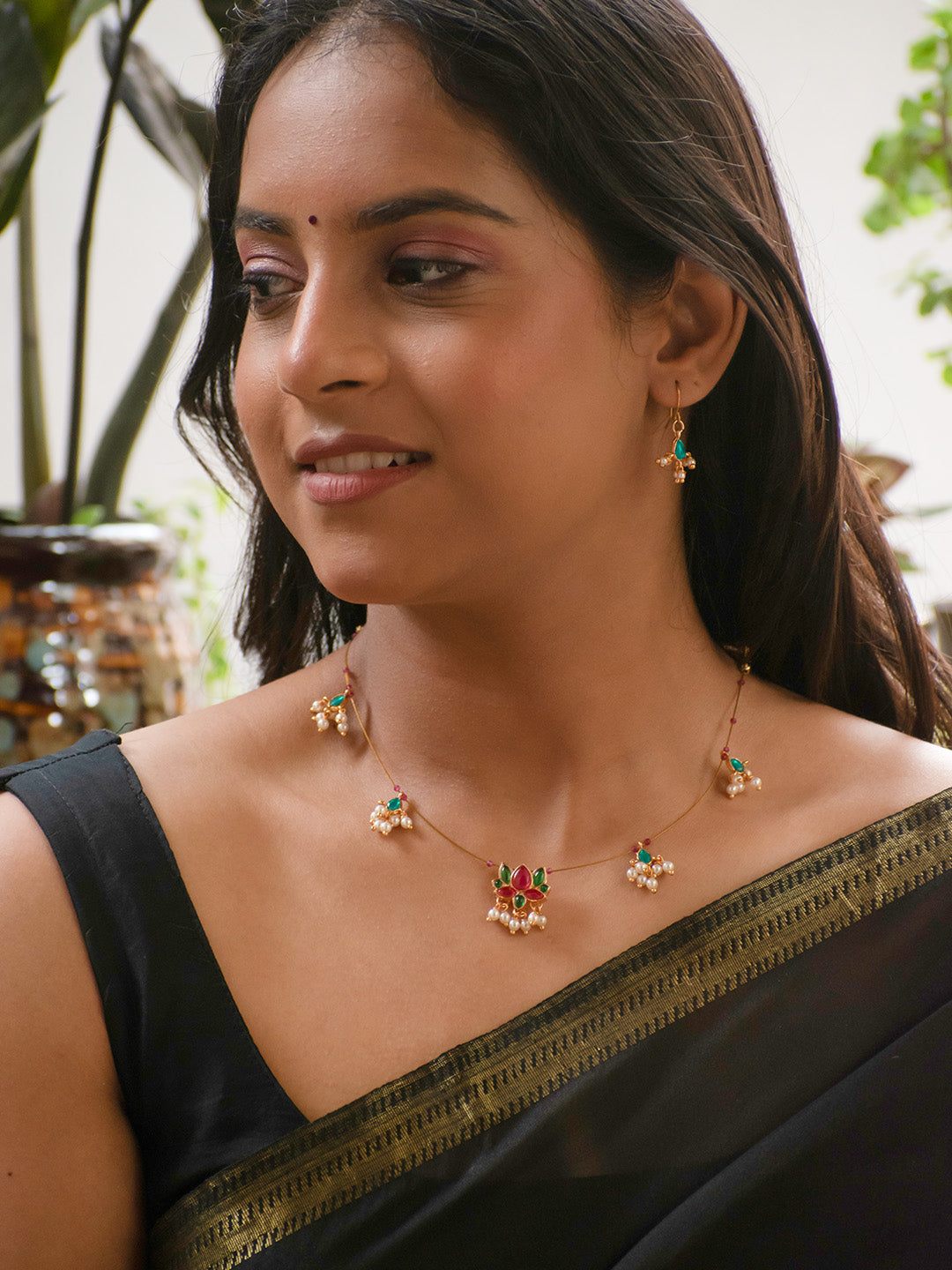 Premium Gold Finish Red Green Pearls Necklace Set