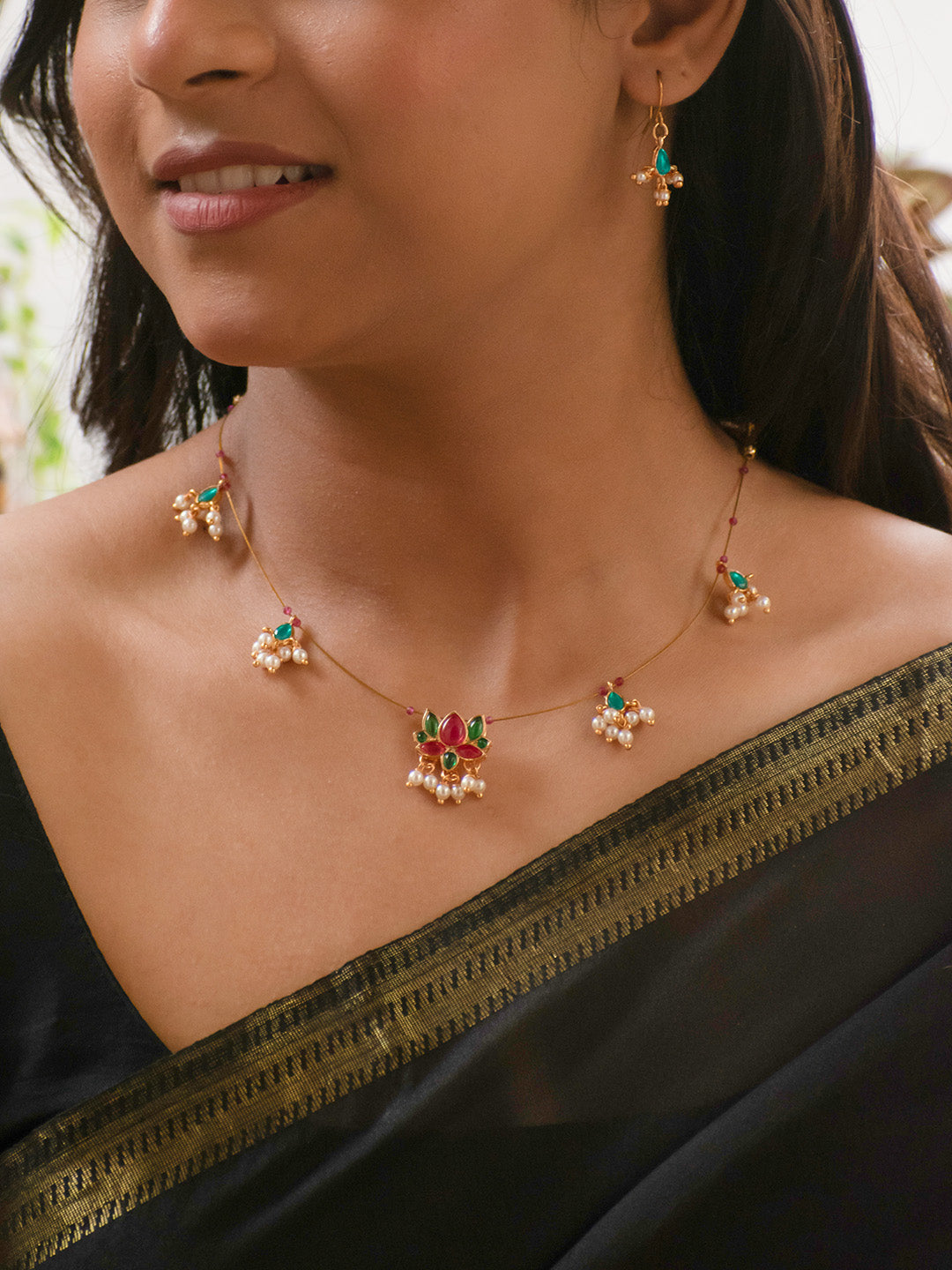 Premium Gold Finish Red Green Pearls Necklace Set